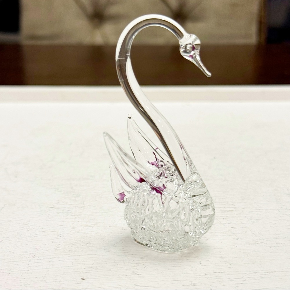 Hand Blown Lamp-open Work Art Glass Miniature Swan Figurine Clear Purple Vintage